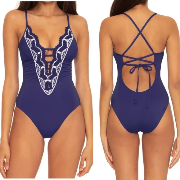 BECCA Swimsuit Delilah Plunge One Piece Swimsuit In Starry Night Navy Size S NWT